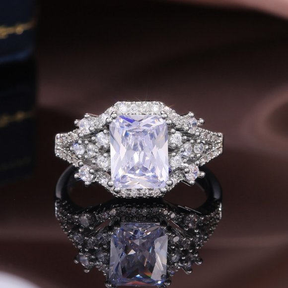 NEW 925 Silver Emerald Cut Diamond Halo Ring - Picture 5 of 7